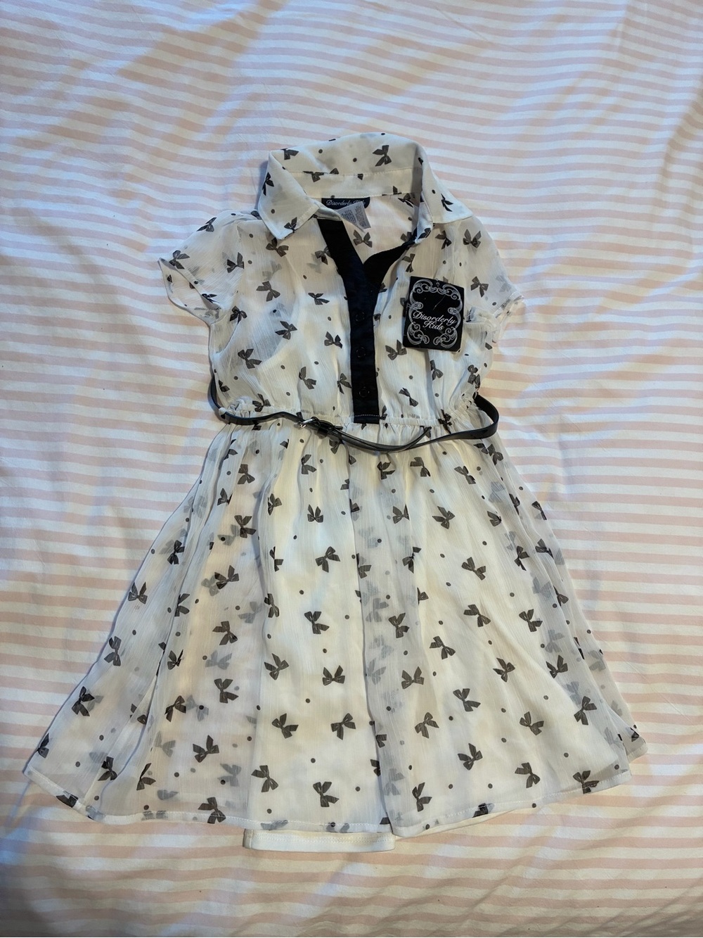 Girls White Dress with Black Bow Print and Contrast Trim